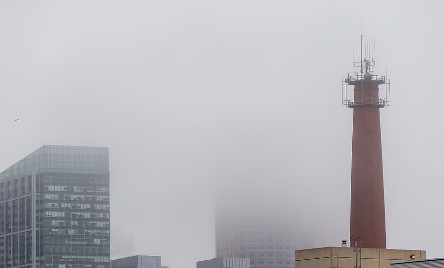 ciudad, niebla, edificios, ladrillo, torre, vidrio, edificio, malhumorado, clima, aire