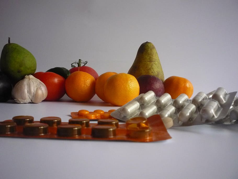 assorted, fruits, medicine blister packs, tablets, vitamins, health, cure, pharmacy, tablet, treat yourself
