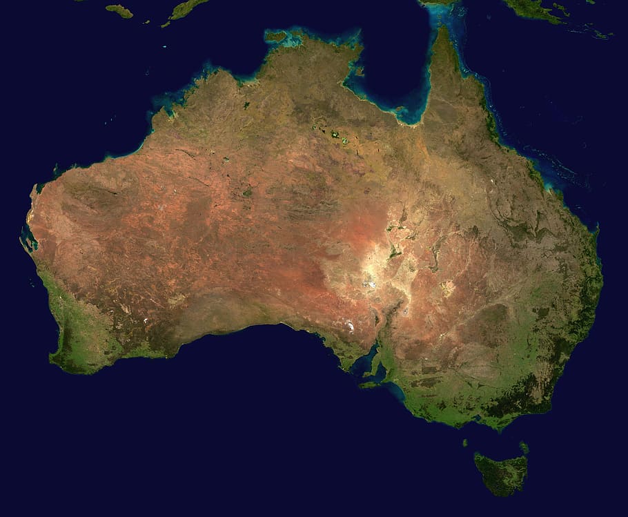 continente austrália, austrália, continente, vista aérea, geografia, mapa, imagem de satélite, foto de satélite, pacífico, oceano