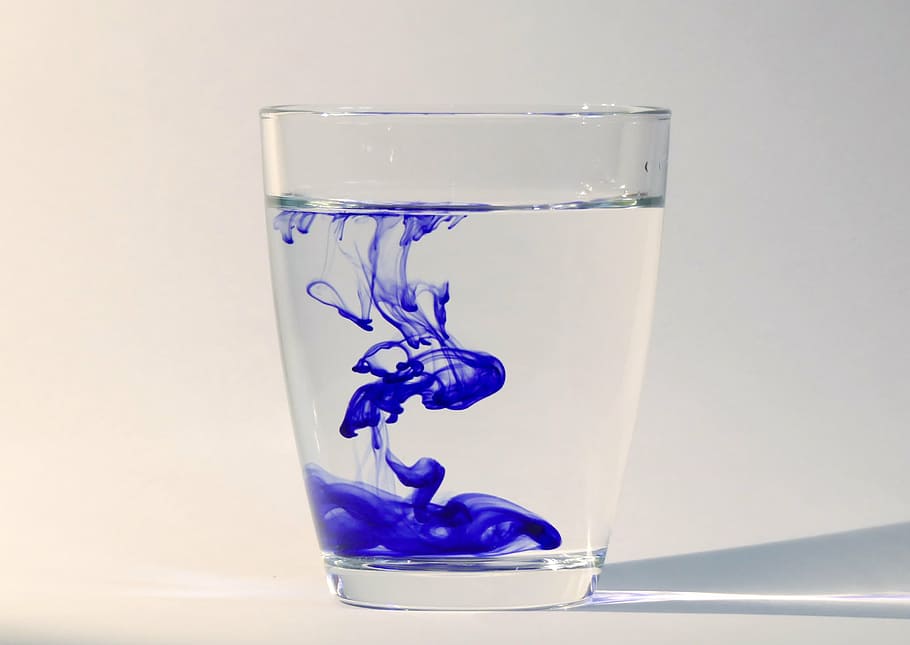 clear, blue, liquid, ink, water, water glass, drip, flow, splash, drops in the water