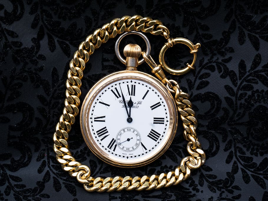 white, pocket, watch, gold-colored chain, clock, gold, valuable, time, pointer, antique