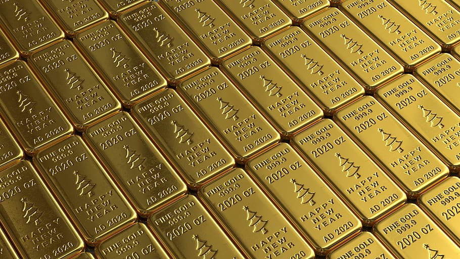 ouro, barras, barras de ouro, papel de parede, feliz ano novo, 2020, dourado, riqueza, finanças, investimento