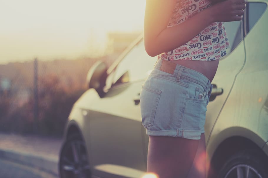 woman, jeans, short, car, vehicle, girl, female, people, tan, sun