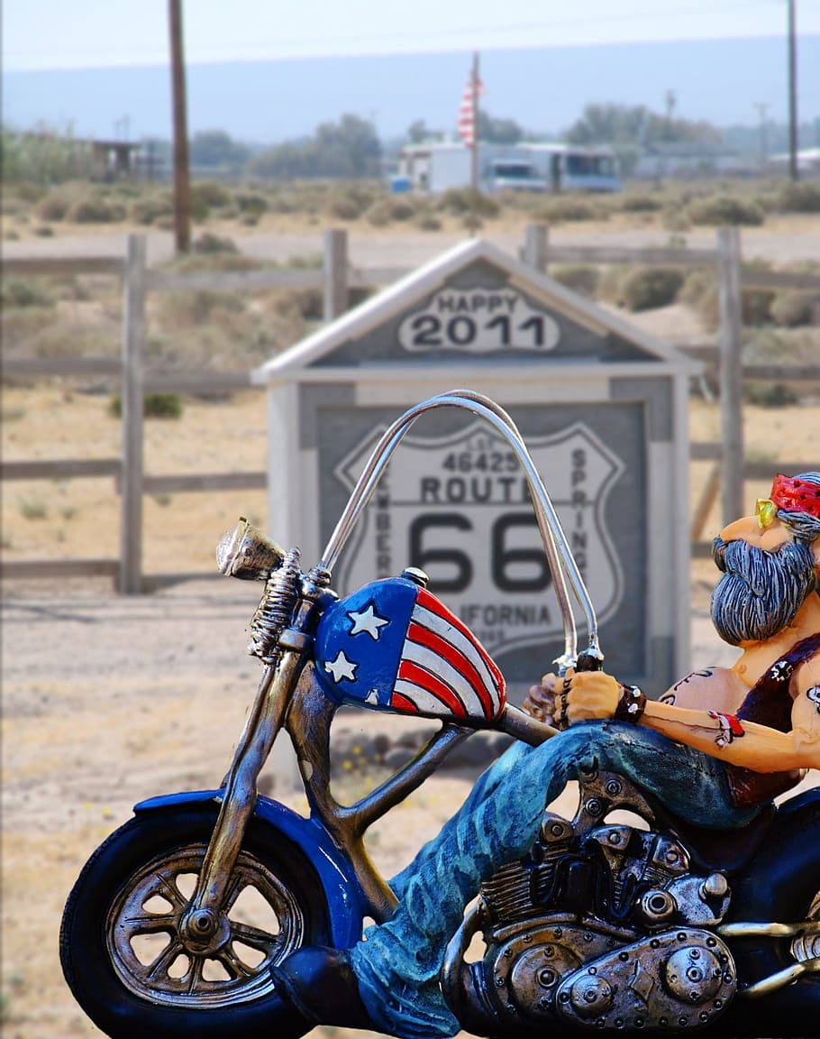 Biker, Ruta 66, Libertad, Estados Unidos, dom, california, desierto, asfalto, viaje, 66