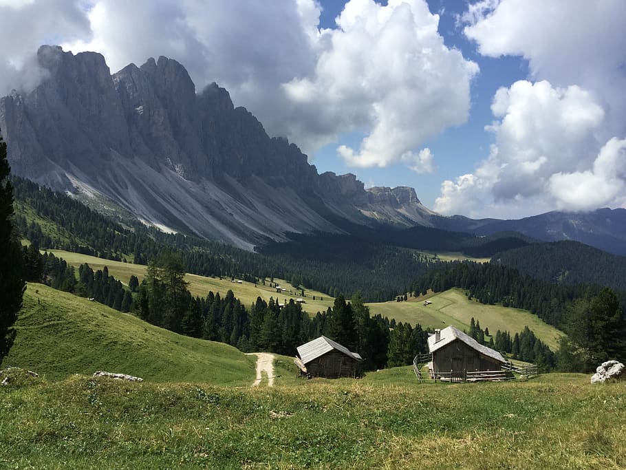 mountains, alpine, cabins, meadow, rocks, peaks, scenic, landscape, panorama, rural