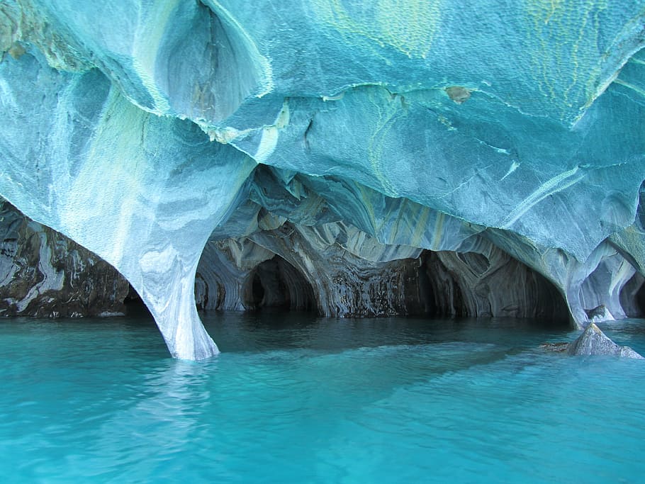 samudera dekat gua, marmer, gua, gua marmer, biru, merusak, air, pirus, es, suhu dingin