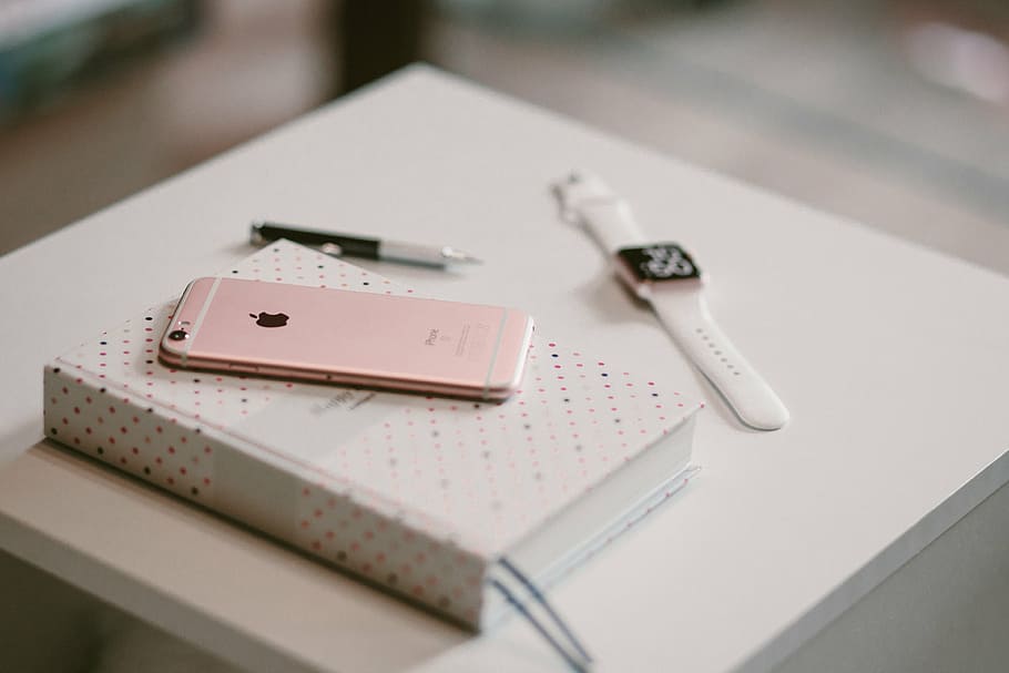 rosa, oro iphone 6, 6s, blanco, libro, caja de aluminio dorado manzana, reloj, oro, iphone, s