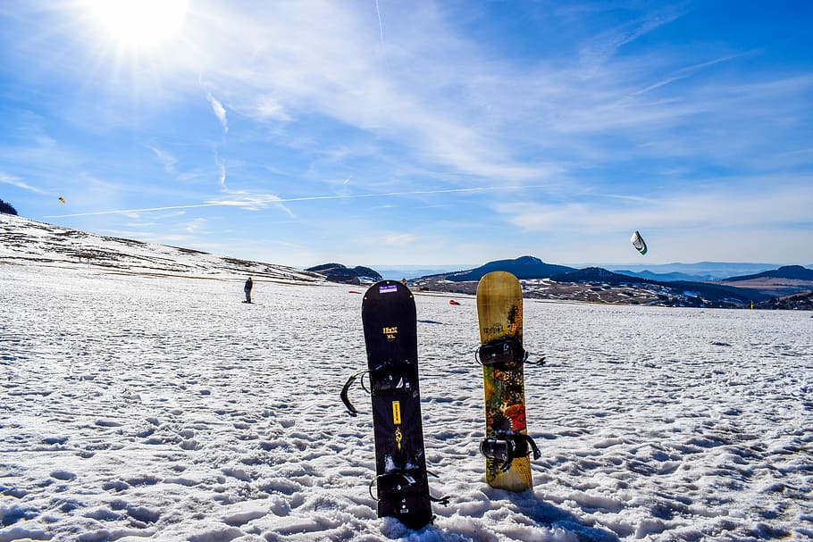 two, yellow, black, snowboards, stuck, snows, Snowboard, Ski, Winter, Snowy