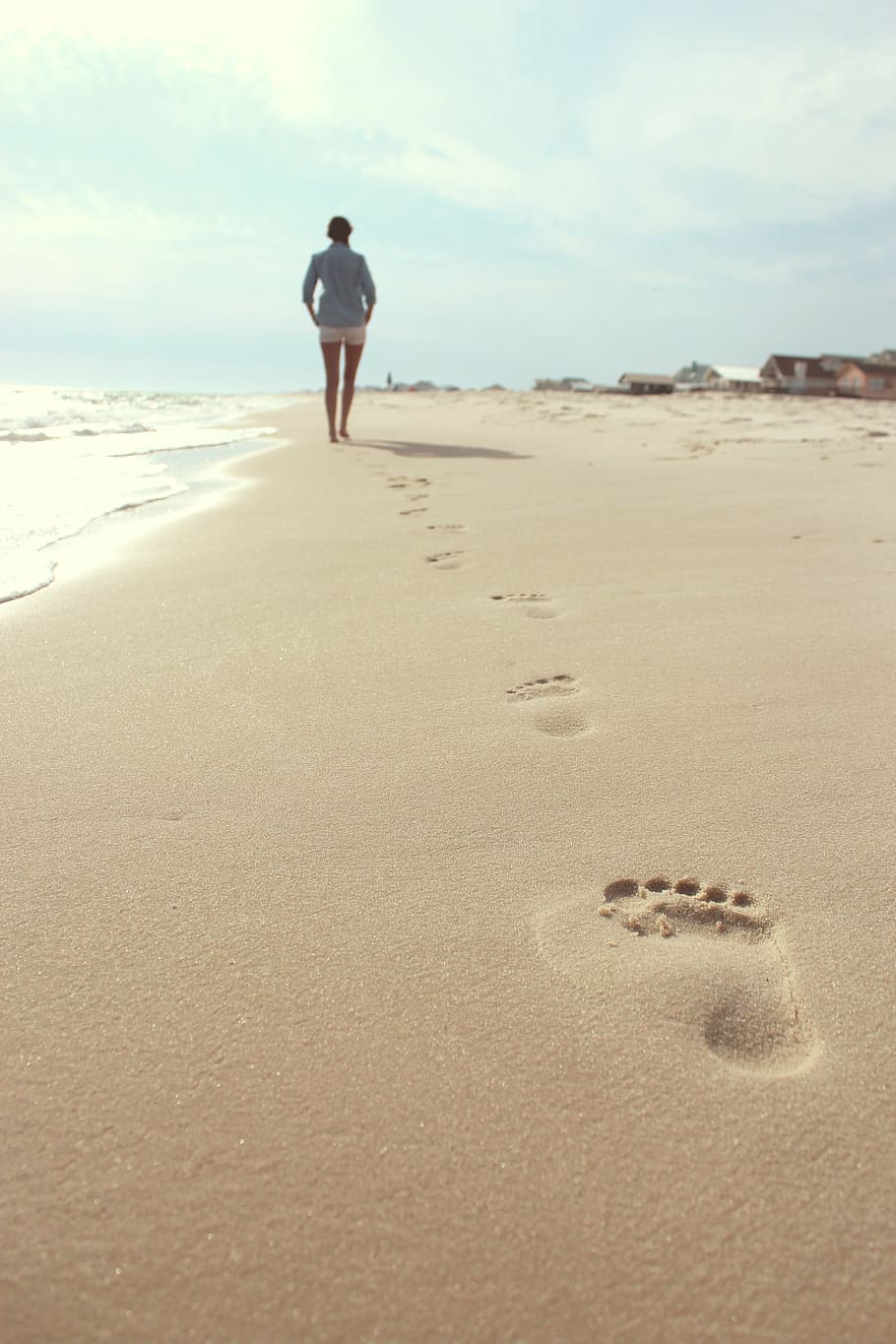 person, walking, brown, beach shore, daytime, beach, woman, footprints, summer, female