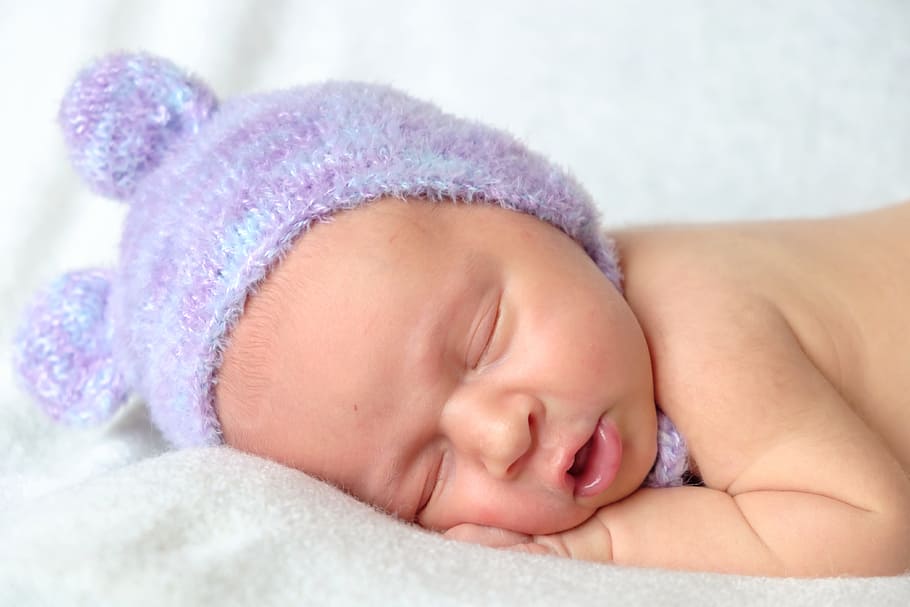 睡眠, 赤ちゃん, 紫, ビーニー, 可愛い人, 夢, 人, 肖像画, 新生児, 子供時代