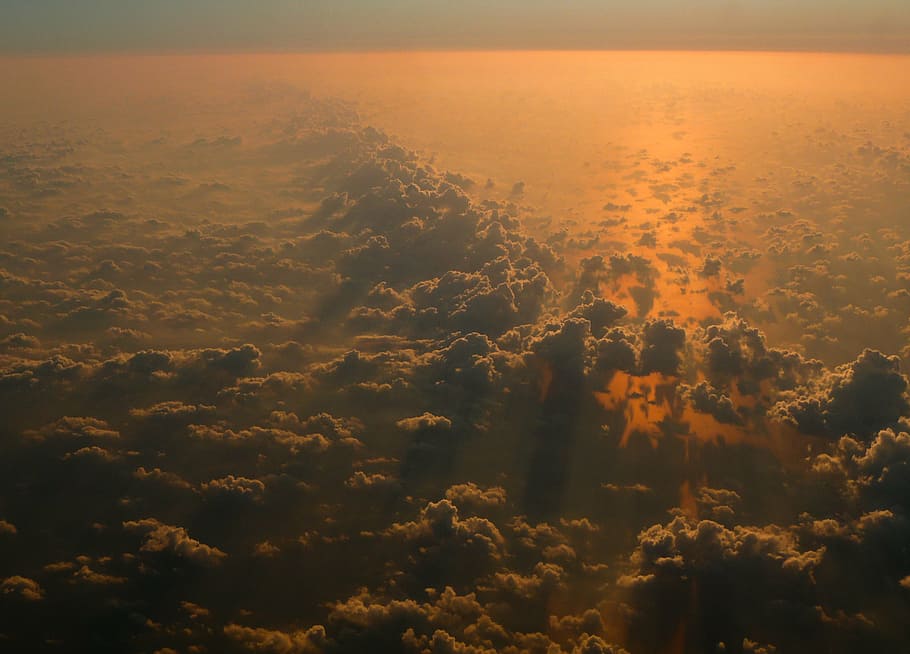 aérea, foto, mar, nuvens, capotando, topo, nuvem, agua, pôr do sol, acima das nuvens