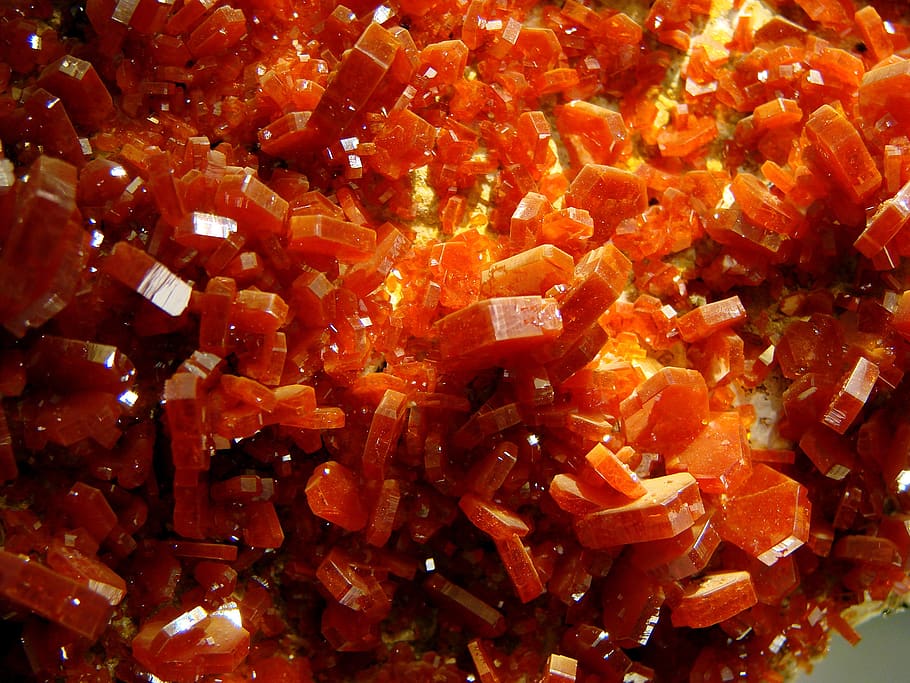 vanadinite, mineral, orange red, crystals, lead chlorovanadate, minerals, stones, discovery, by andrés manual del río, hexagonal crystal system