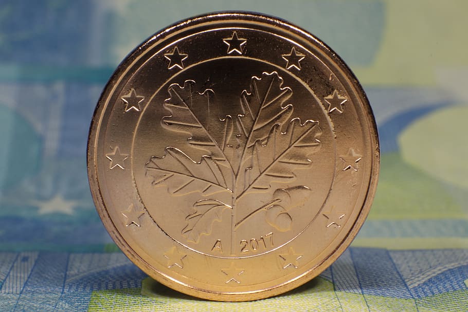 five, euro, cent, coin, back, berlin, 2017, oak branch, nut, acorn