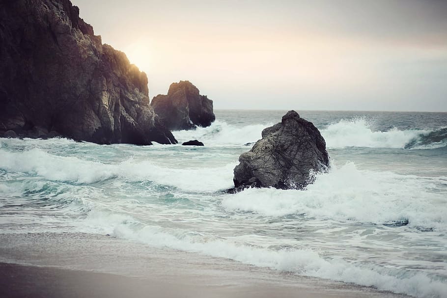 fotografia de paisagem, acenando, corpo, água, ilha, bater, litoral, rocha, dia, céu