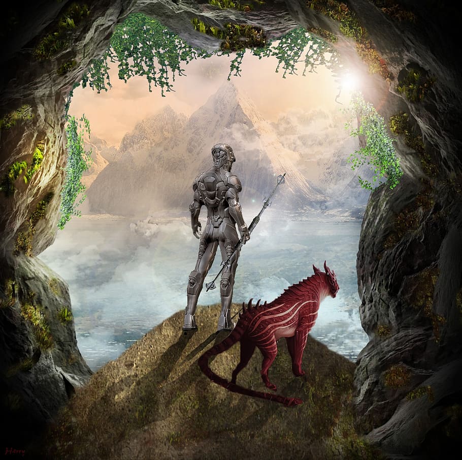 ciborgue, ao lado, mítico, criatura, em pé, ilustração da caverna, guerreiro, robô, ficção científica, vista