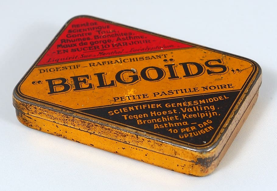 belgoids, packaging, old, dutch, box, tin, retro, historic, vintage, white background