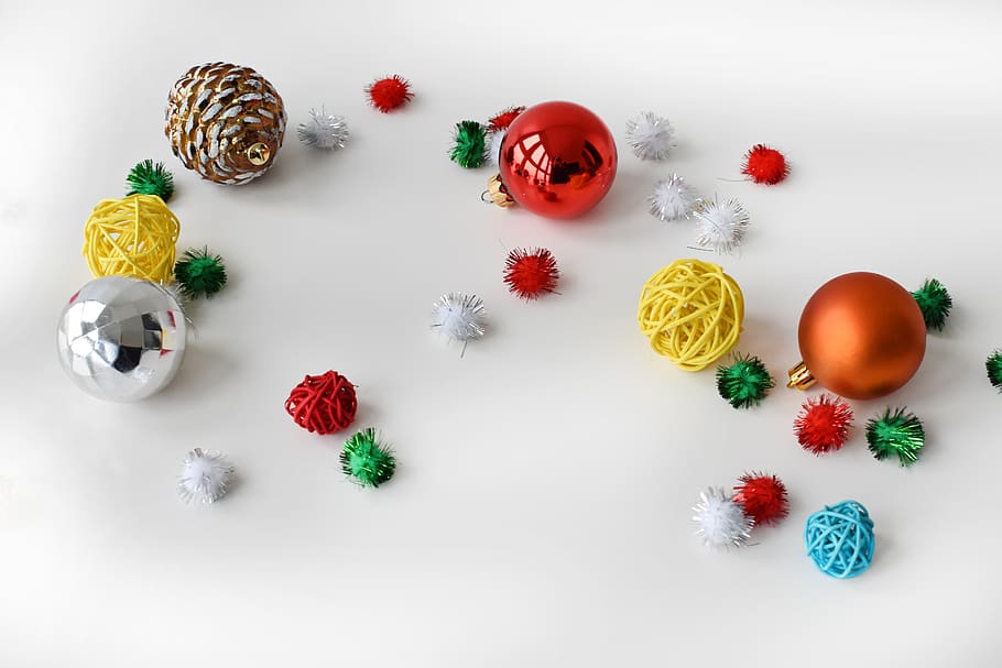 new year, christmas, christmas tree toys, balls, hollidays, white background, studio shot, celebration, indoors, food