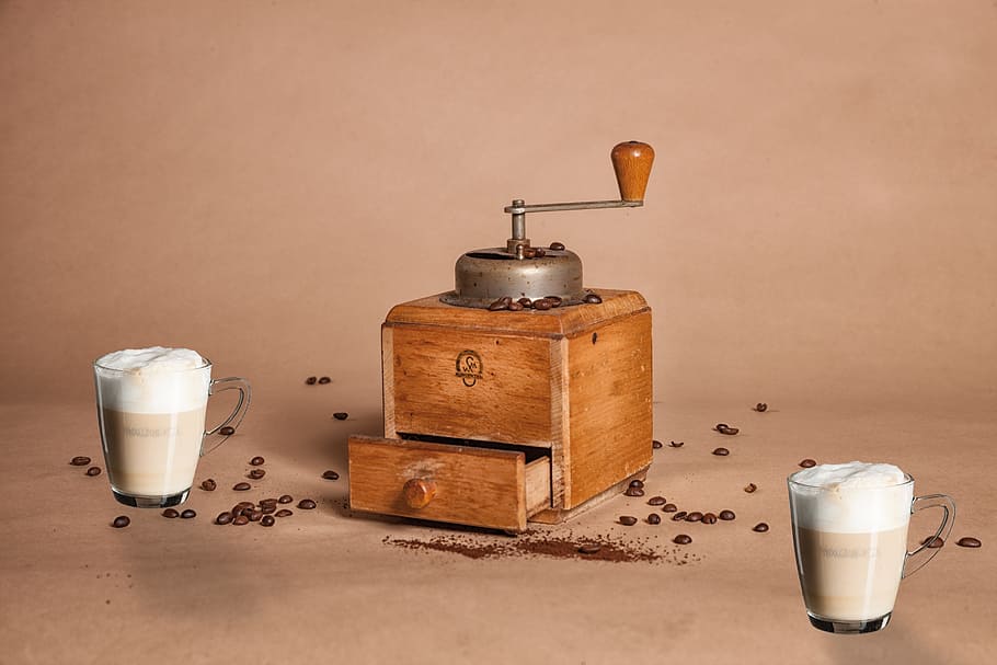 vintage, brown, grey, coffee grinder, coffee, coffee mugs, mill, coffee foam, drink, indoors