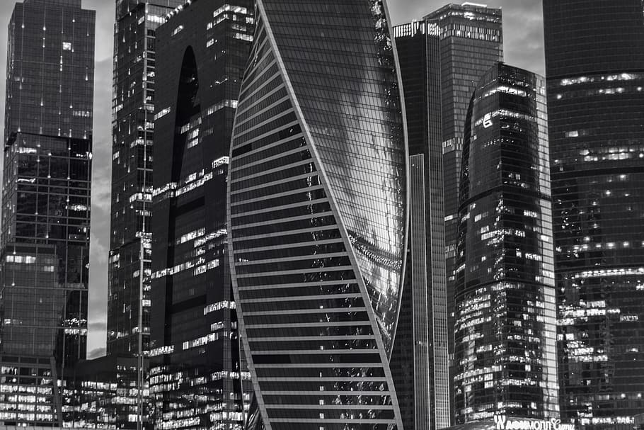 grayscale photography, buildings, moscow city, architecture, city, town, russia, moscow, building, black