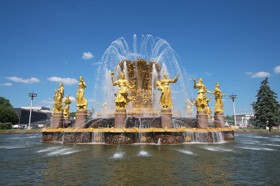 Fontaine, Moscow, Gold, Russia, moscow, gold, historically, architecture, communism, stalinism, water