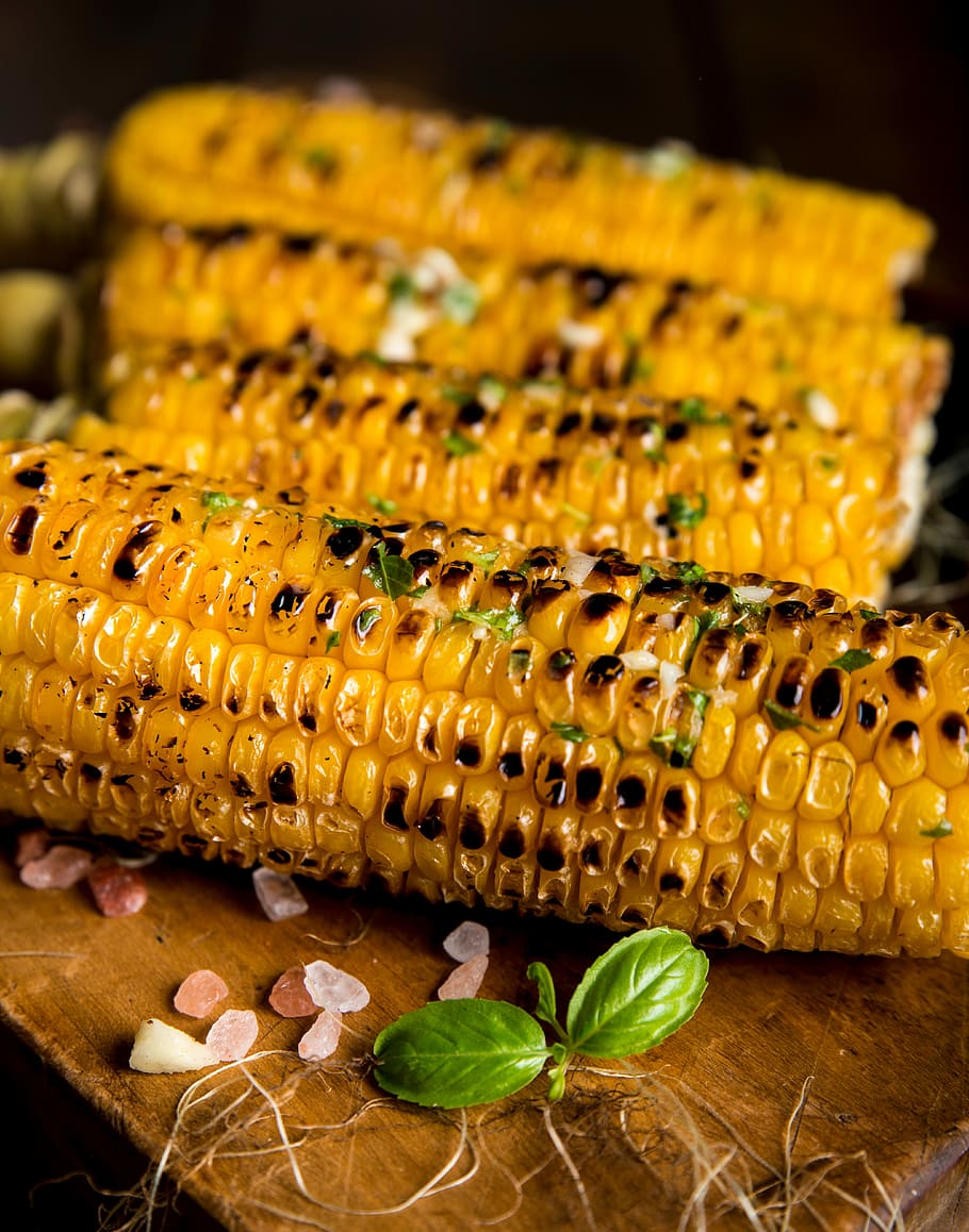 four, grilled, corn, top, brown, wooden, table, on top, wooden table, food