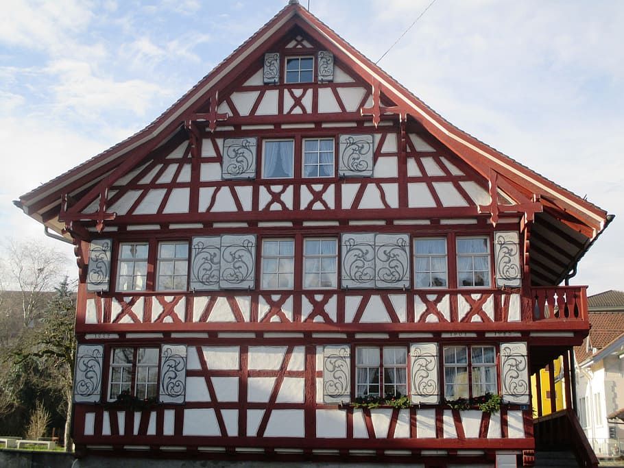 arsitektur, fachwerkhaus, objek wisata, historis, tiang penopang, pastoran tua, amriswil, thurgau, swiss, museum sejarah lokal