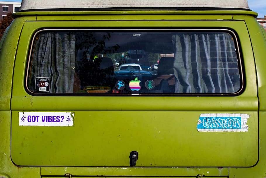 neon, green, car, vehicle, back, window, stickers, travel, mode of transportation, transportation