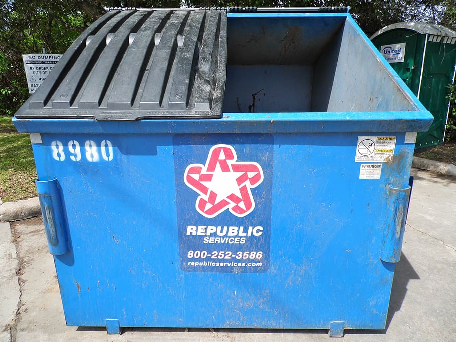 blue, industrial, trash bin, dumpster, garbage, trashcan, container, waste, empty, recycling