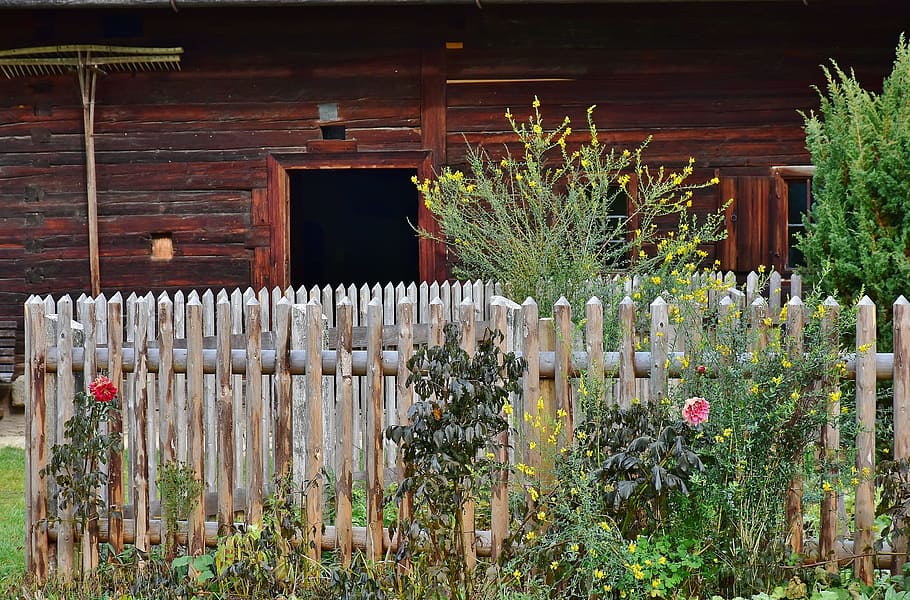 green, plants, brown, wooden, fence, cottage garden, garden, garden fence, wood, wood fence