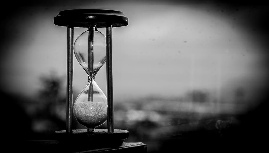 gray, scale photo, sand clock, gray scale, time, clock, hourglass, hour, passage of time, antique watch