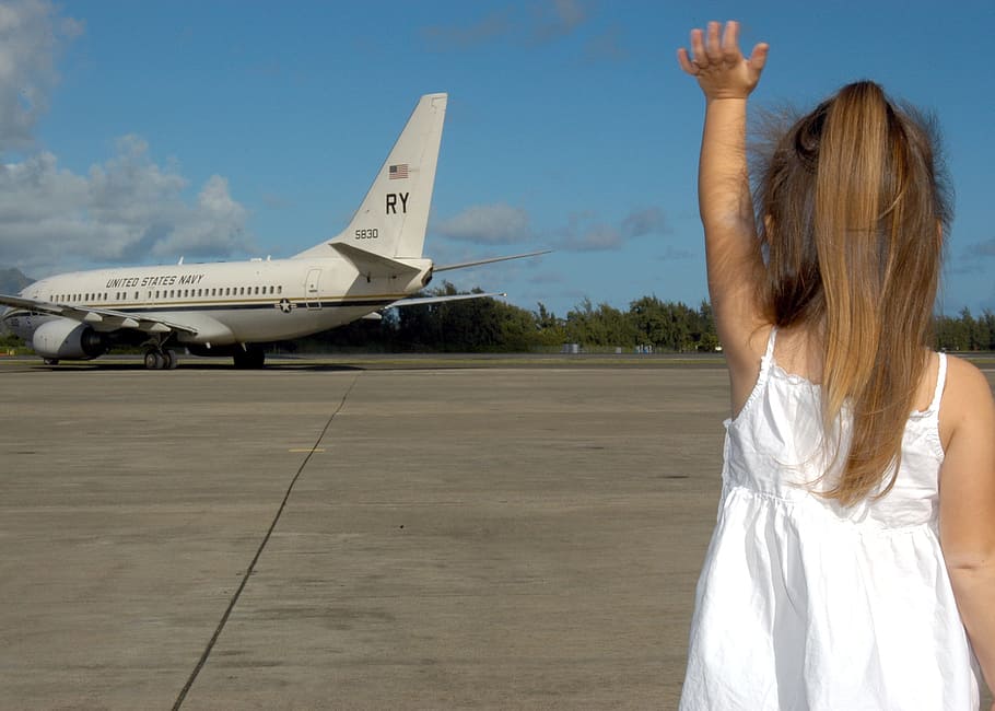 girl, white, spaghetti, strap, dress, waving, passenger airplane, child waving goodbye, departure, plane