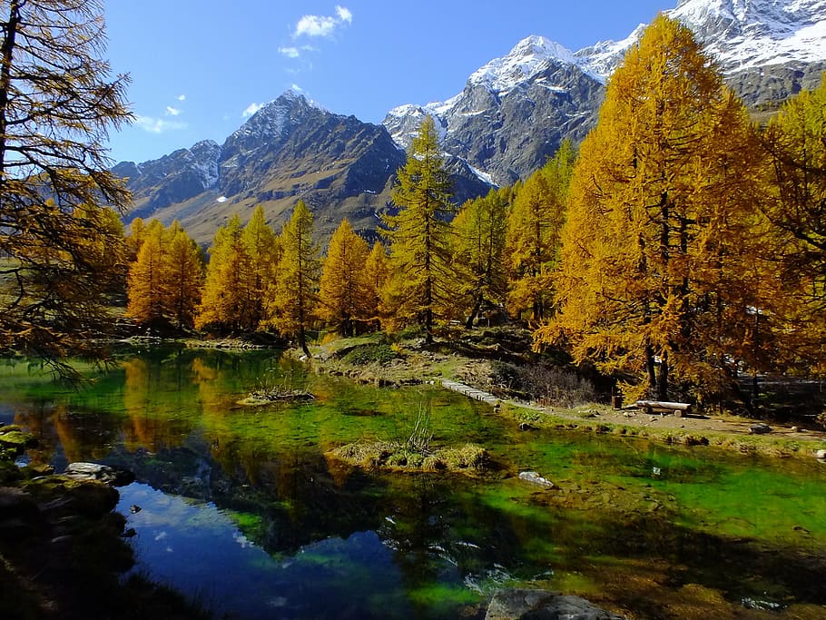 lake, mountain landscape photography, lago bleu, valle d'aosta, aosta valley, mirror, reflect, autumn, yellow, color