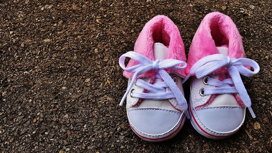 children, pair, pink-and-white shoes, ground, baby shoes, small, baby, cute, charming, shoes