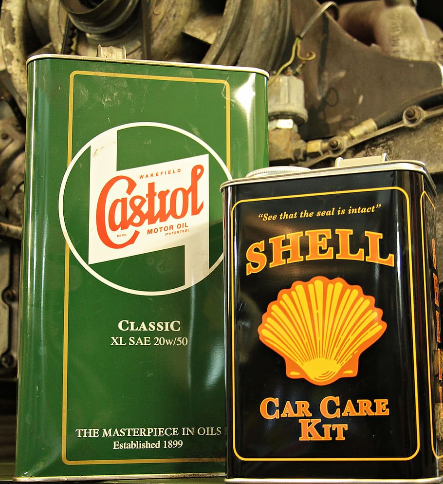 shell car care kit, castrol oil cans, engine block, engine oil, oil, deco, workshop, auto repair, auto, vehicle