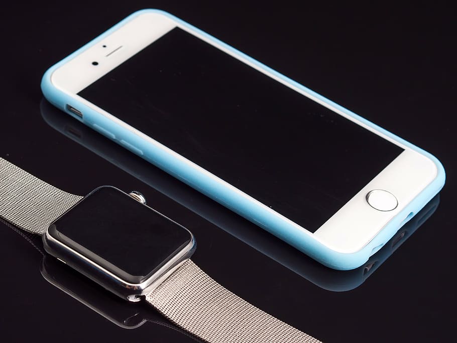 silver iphone 6, blue, case, apple, watch, milanese loop, ios, new, mobile, iwatch