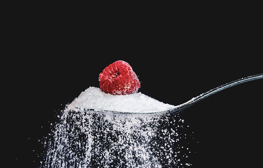 raspberry, sugar, spoon, eat, sweet, fruit, food, diet, diabetes, crystals