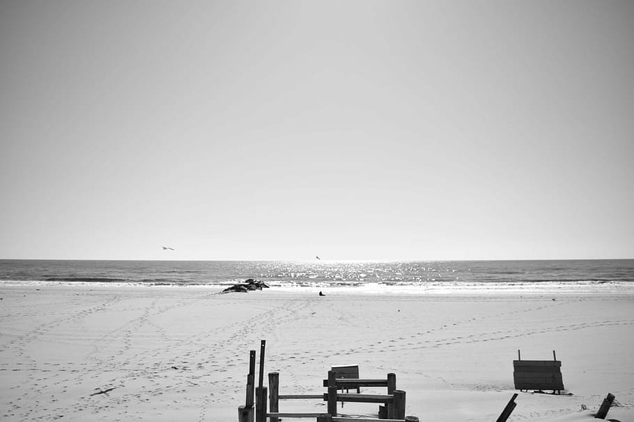 grayscale photography, seashore, beach, banister, long island, sand, sky, new york, new, york