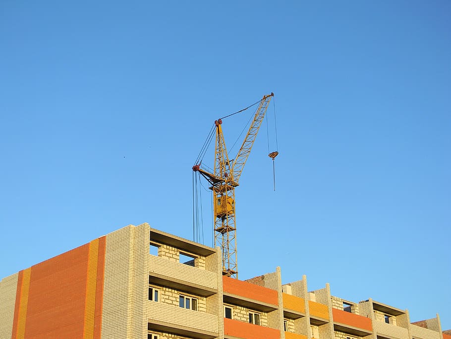 yellow, steel crane, top, building, Construction, Crane, Hoisting, Jib Crane, construction, crane hoisting, multi-storey building