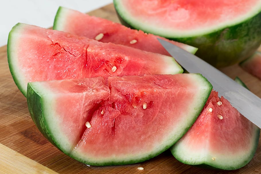 sliced, water melon, brown, wooden, chopping, board, watermelon, sweet, juicy, fruit