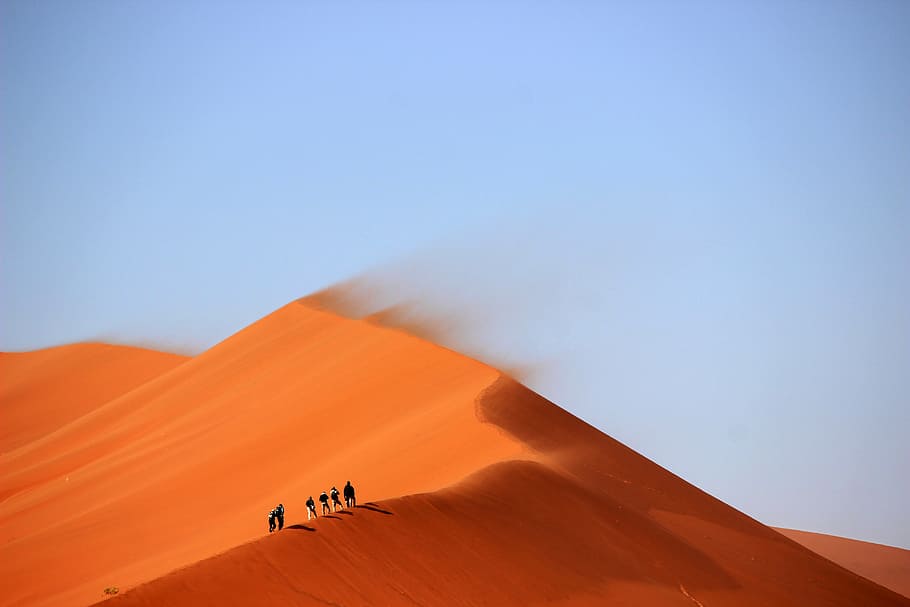 orang-orang, berjalan, gundukan pasir, jelas, biru, langit, foto, gurun, bukit, bukit pasir