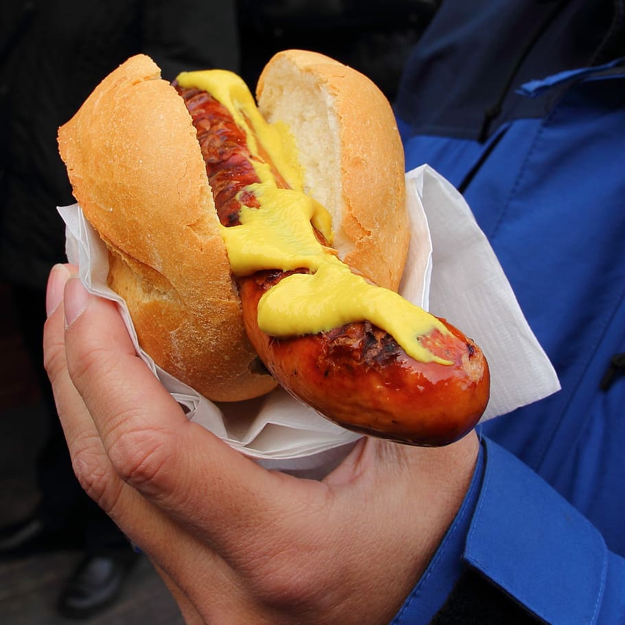 sausage sandwich, Bratwurst, Sausage, Fast Food, Mustard, roll, snack, food, eat, benefit from