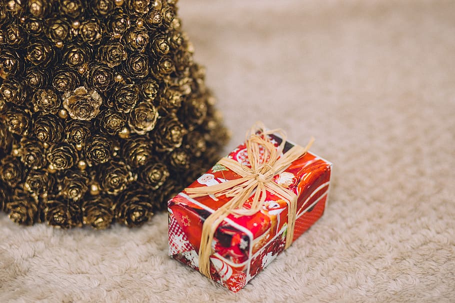 pinus, kerucut, natal, pohon, ornamen, dekorasi, hadiah, karpet, dalam ruangan, perayaan