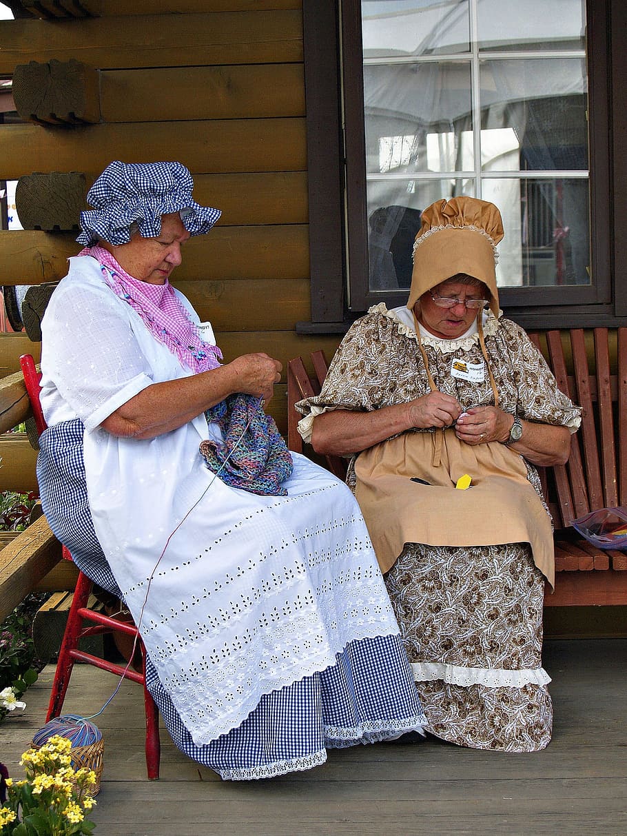 two, women, knitting, clothes, costume, heritage, good, old time, traditional, handwork