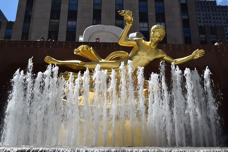 estatua de oro, fuente, fuente de prometeo, rockefeller center, manhattan, nueva york, estados unidos, arquitectura, estructura construida, exterior del edificio