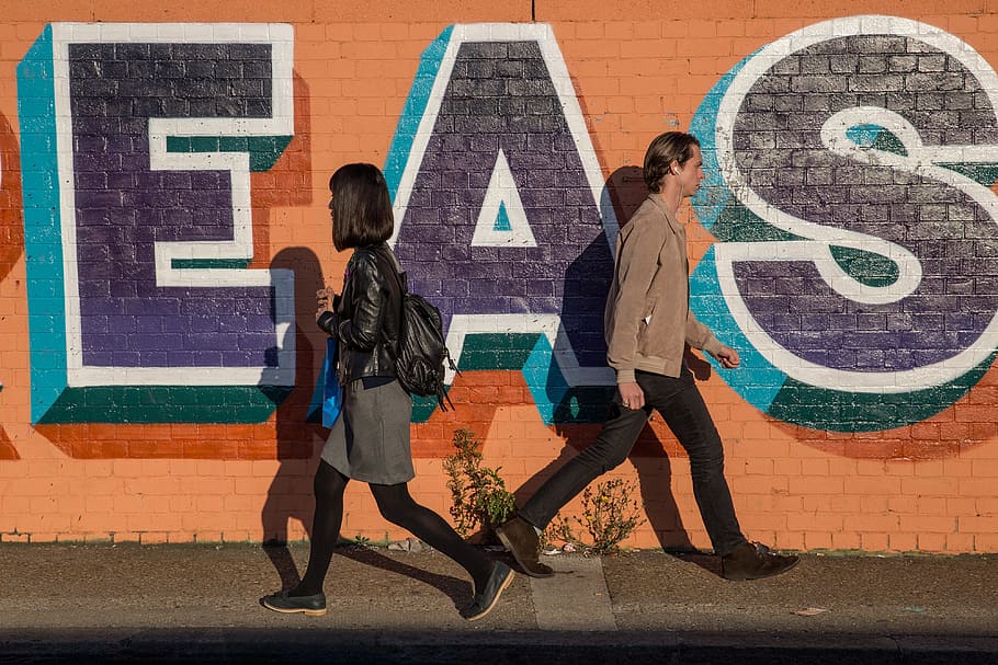 two, people, walk, past, vibrantly-coloured street art, london., captured, canon 6, 6d, Two people
