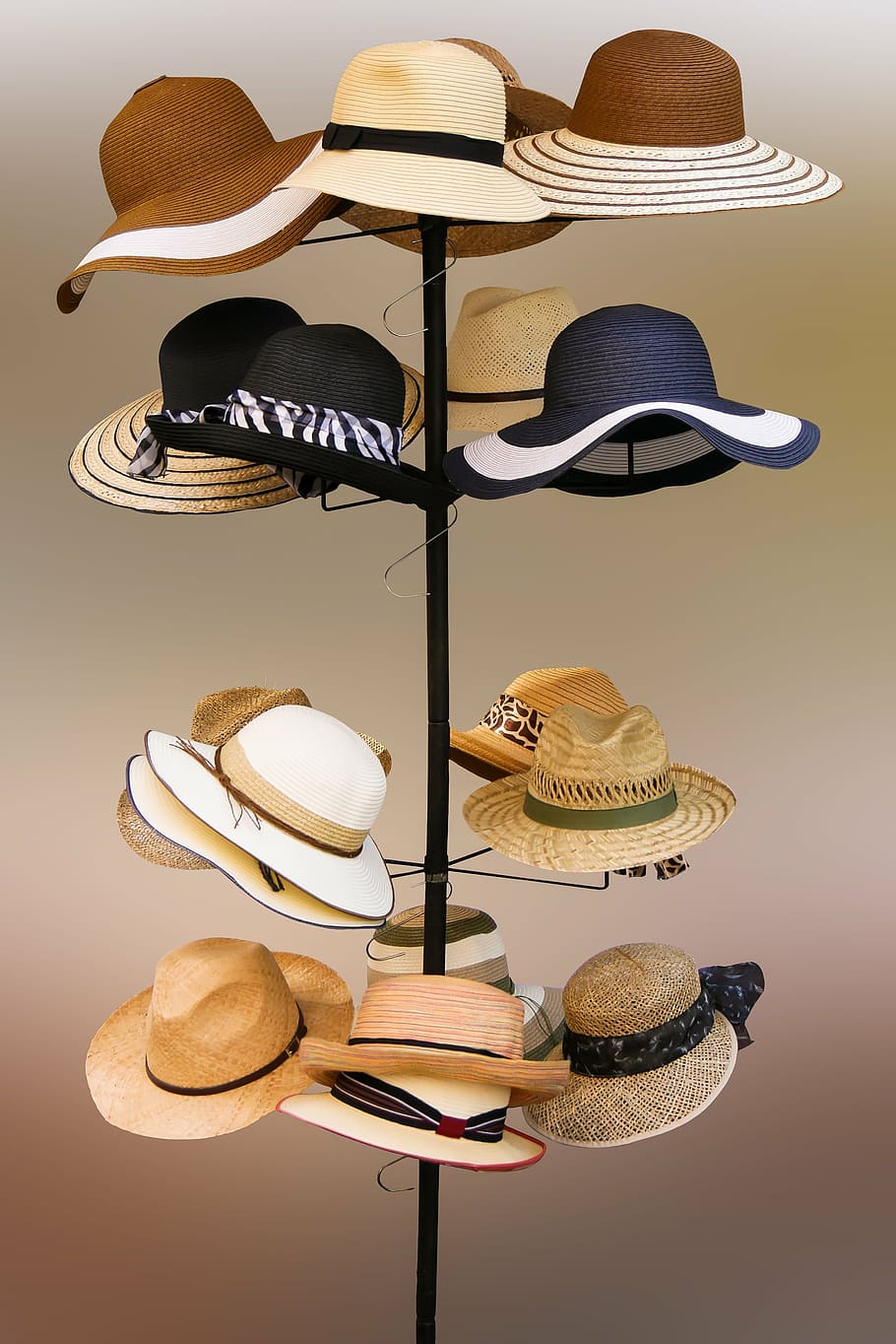 assorted, hats, hanging, tower rack, hat, hatstand, sale, sun hat, headwear, fashion