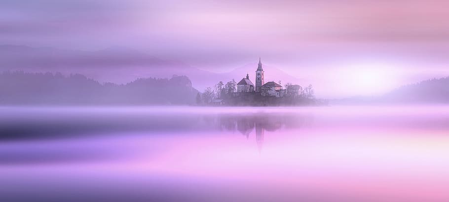 nature, landscape, city of bled, lake bled, slovenia, st mary's church, water, lake, pink, roma table
