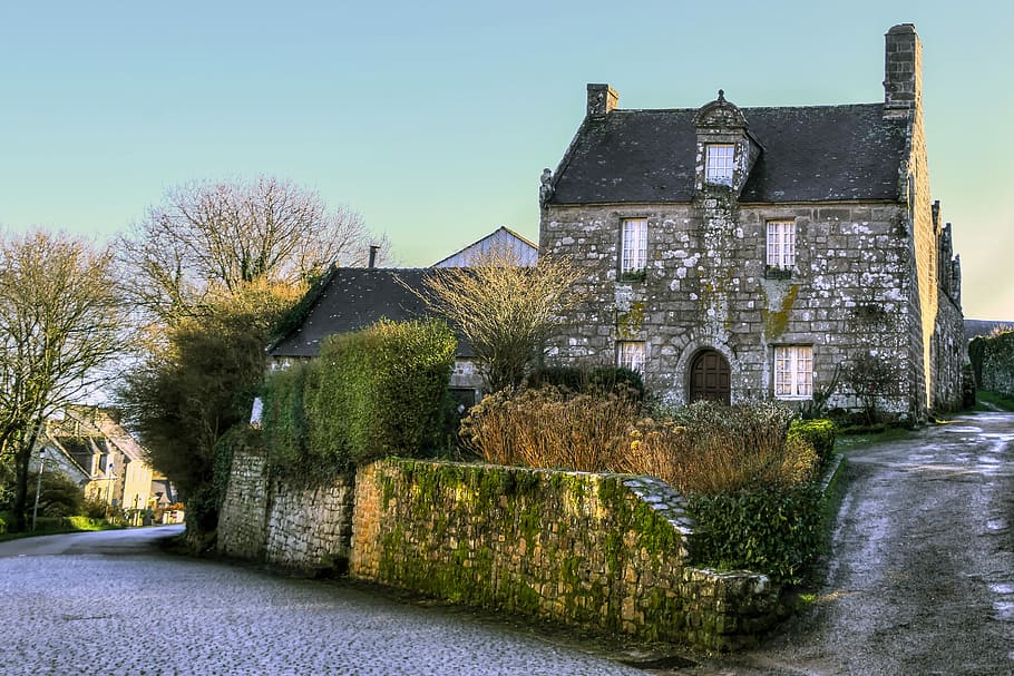 casa de pedra, durante o dia, casa, pierre, fachada, rua, antiga, vila, arquitetura, locronan