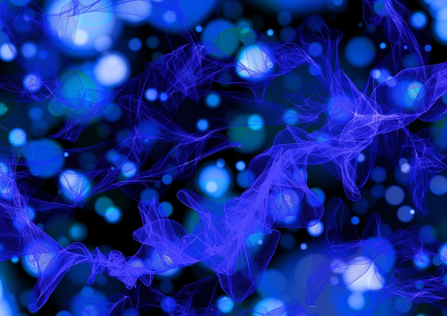 Ilustración de moléculas azules, bokeh, partículas, fondo, reflejos de luz, luz, resumen, puntos, colorido, destello de luz de lente