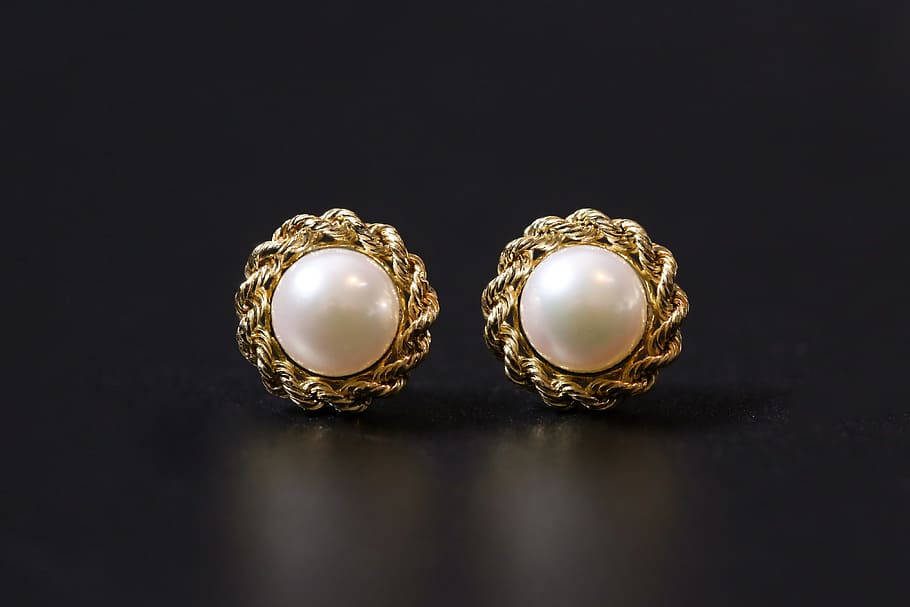 white pearl-and-gold-colored earrings, jewelry, jewellery, earrings, studio shot, wealth, black background, luxury, indoors, gold